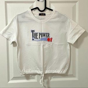 White Printed Front Adjustable Hem Round Neck Short Sleeves Medium Crop Top Tee